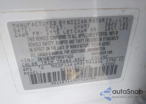 2017 Nissan Sentra S из США, поврежденный, VIN 3N1AB7AP7HY411404